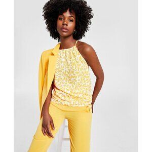 BAR III Women's Leaf-Print Yellow and White Silky Halter-Neck Sleeveless Top NWT